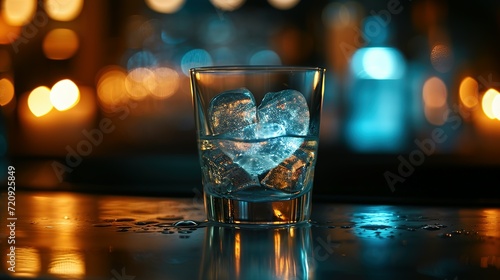 a heart - shaped ice cube in a glass of water on a table in a dark room with lights in the background
