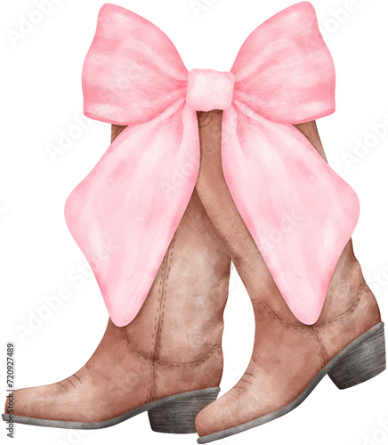 Coquette Cowgirl Boots and pink ribbon bow watercolor