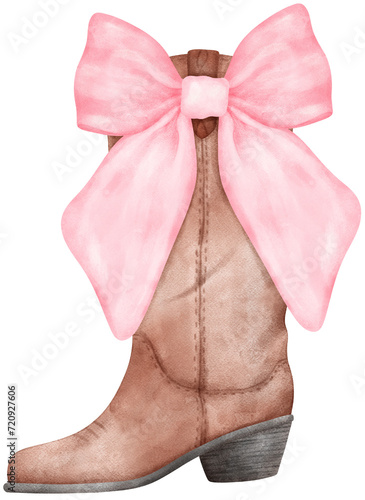 Coquette Cowgirl Boots and pink ribbon bow watercolor