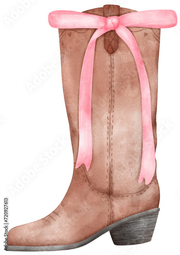 Coquette Cowgirl Boots and pink ribbon bow watercolor