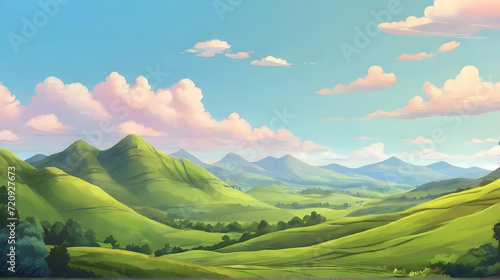 Natural scenery with hills and lakes. Nature background. Cartoon or anime illustration style.