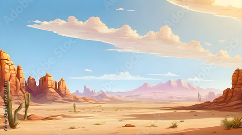 Desert natural landscape with sandstone hills and cactus plants. Cartoon or anime illustration style. photo