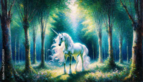 Unicorn in Lush Green Woods. A graceful unicorn in a sunlit, emerald forest.