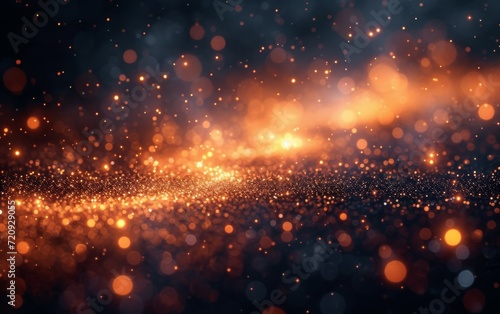 Festive abstract christmas texture, golden bokeh particles and highlights on dark background. 