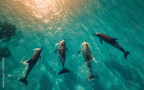 Beautiful bottlenose dolphins jumping out of sea with clear blue water on sunset sky. photo