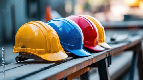 Safety helmets in a row on table background construction site and copy space