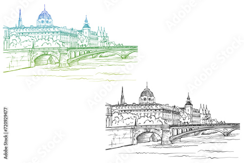 Nice view of ancient bridge in Paris. France. Hand drawn urban sketch. Colourful and black urban illustration. White background.	