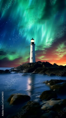 Aurora's Embrace: Sea, Rocks, and the Illuminated Path of the Lighthouse photo