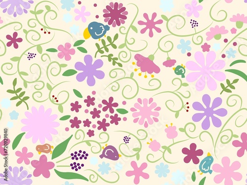 花と鳥のシームレスパターン　C-3