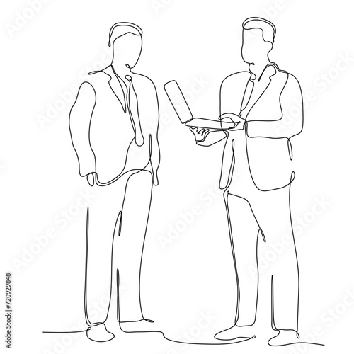 continuous line of groups of businesspeople exchanging paper and electronic notes