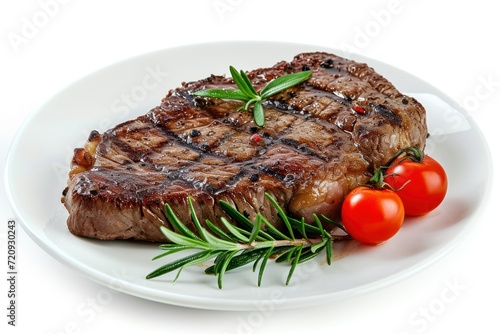 a steak on the plate in white background