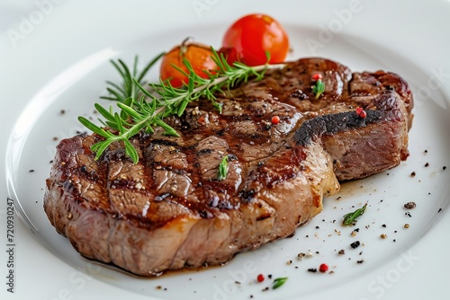 a steak on the plate in white background