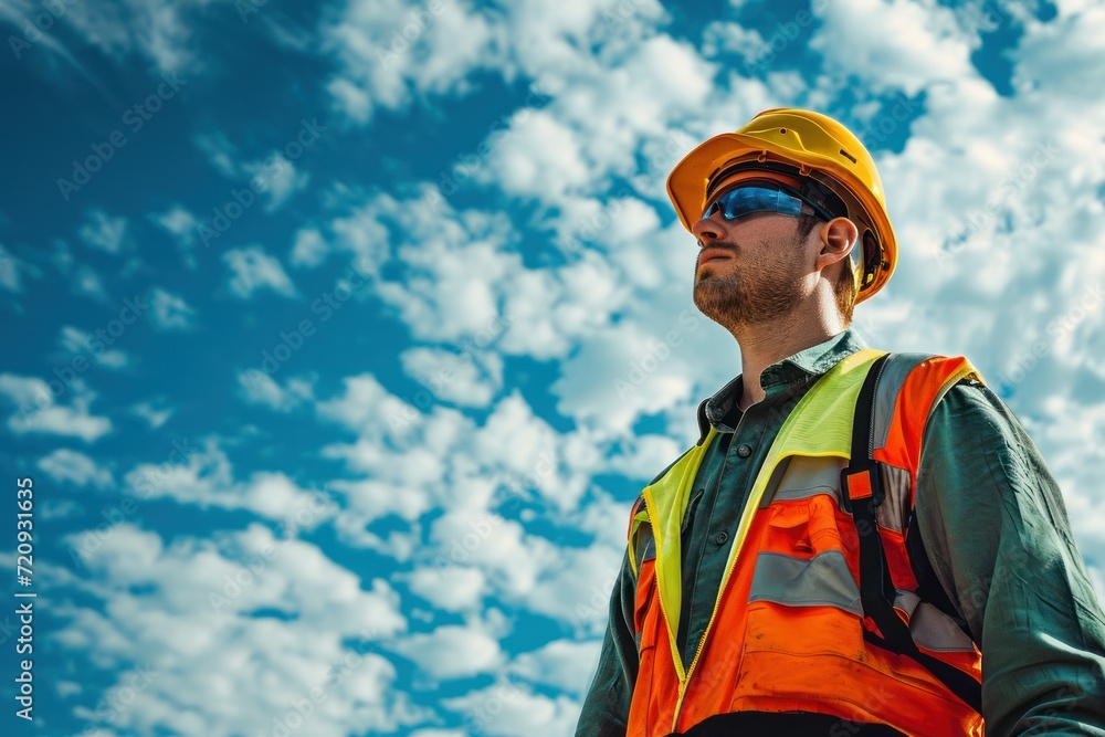 Engineer with helmet and safety cloth stands against blue sky Engineer with helmet and safety cloth stands against blue sky