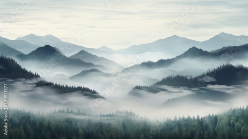 Foggy morning in the mountains. 3d render illustration. Generative AI © Alex