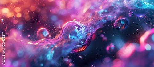 Multicolored 3D substance shines in space. Bright hues blend in floating shapes. Perfect for backgrounds, covers, art.