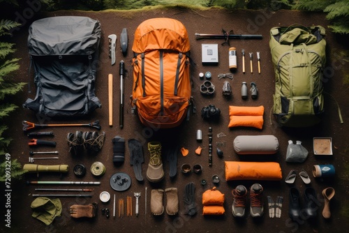 flat lay of camping gear, neutral colors, minimalist, flat lay photography, hyper realistic photography