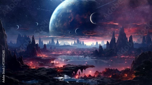 Planetary Peaks: Rocks Rise Amidst the Mystical Dance of Blue and Red Clouds