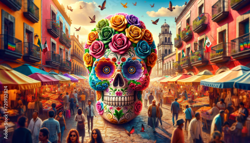 Colourful Sugar Skull in Lively Mexican Market. A vibrant sugar skull amidst the bustling atmosphere of a traditional Mexican market.