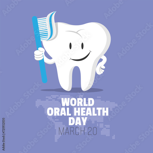 World Oral Health Day poster with a cute tooth holding toothbrush
