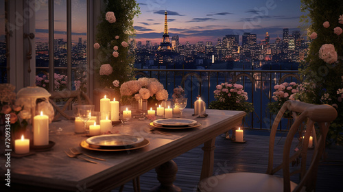  A charming balcony with a captivating view of Discureption, where city lights twinkle beneath the night sky, creating a magical atmosphere for contemplation and relaxation.