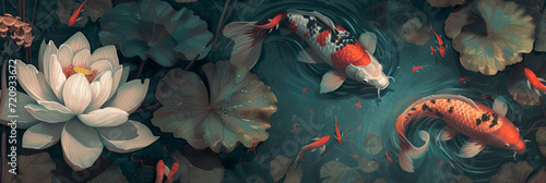 a painting featuring a lotus pond and koi fish, generative AI photo