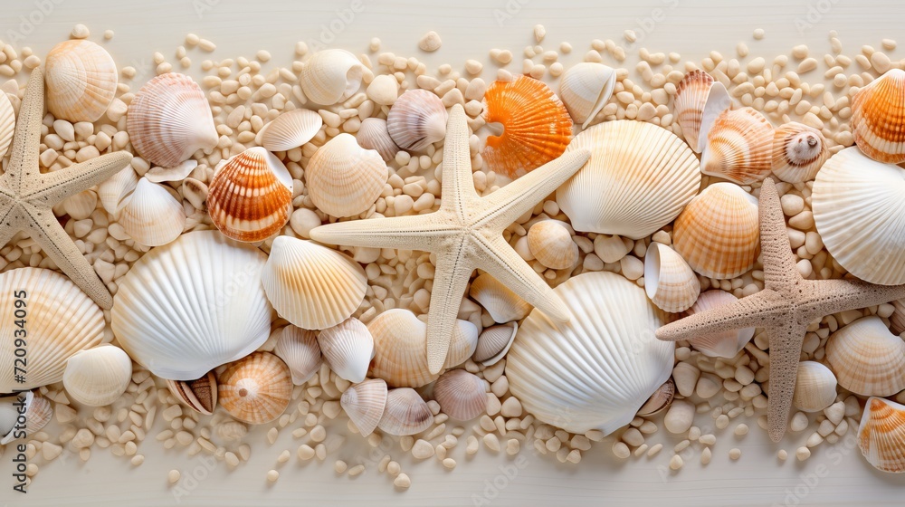 Seashells and starfish on sandy beach   natural textured background for summer travel design