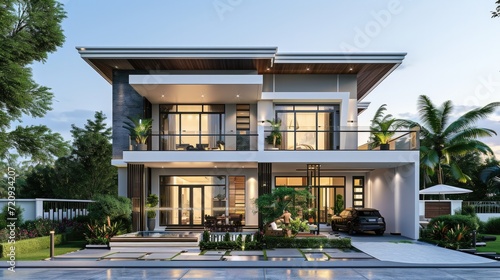 a modern two story house, in the style of light silver and white, thick texture © panu101