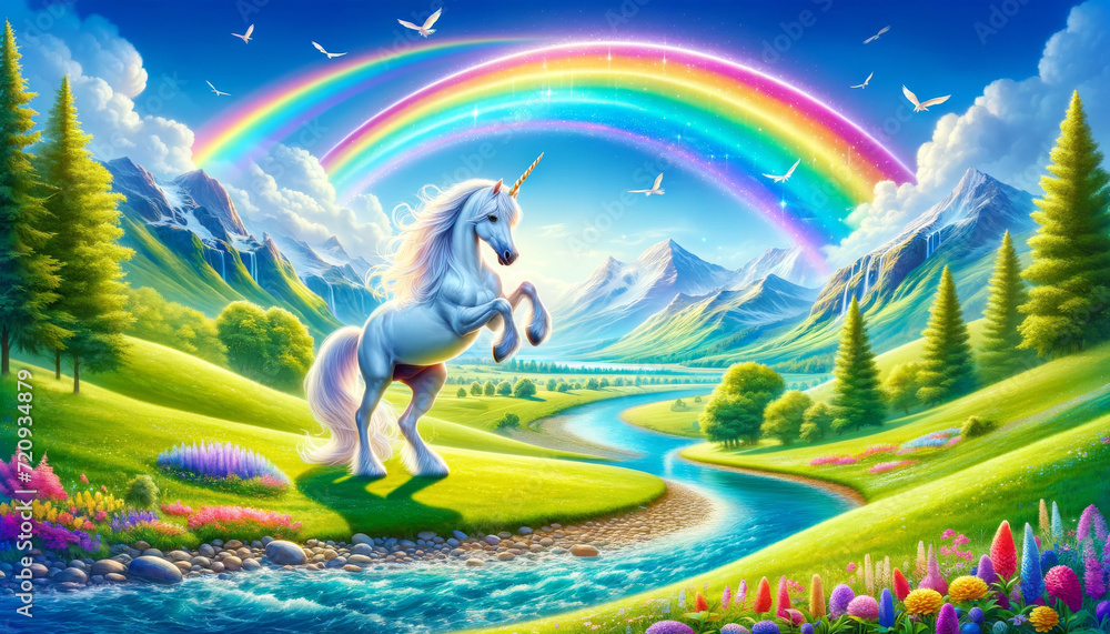 Majestic Unicorn in a Fantasy Landscape.
Unicorn prancing in a magical valley with vibrant rainbows.