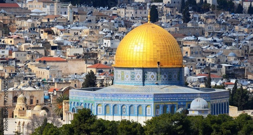 Panoramic sunset view of Jerusalem Old City and Temple Mount from the Mount of Olives