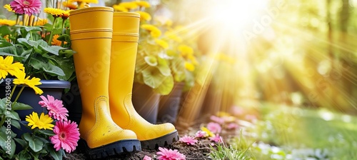 Fototapeta Naklejka Na Ścianę i Meble -  Vibrant flowerpots and cheerful yellow boots amidst a beautiful sunny spring or summer garden
