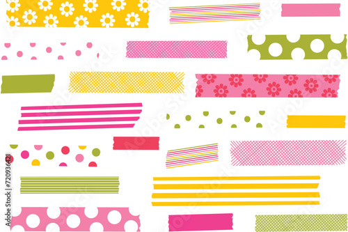 Spring, summer washi tape strips. Semi-transparent masking tape or adhesive strips. EPS file has global colors for easy color changes. Pink, green, yellow