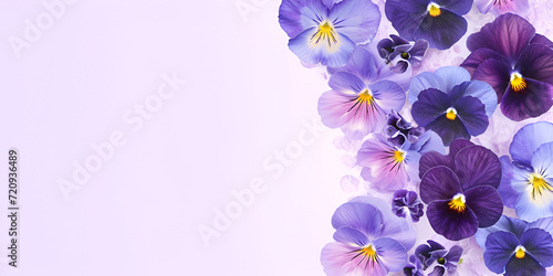 LIsten , respect and apologize to mantain a peacful atmosphere of home, a cool stress releasing ideal, Viola tricolor flower composition Frame made of beautiful violet and purple pansy flowers on ligh photo