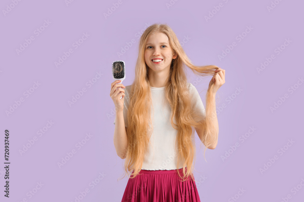 Young woman with hair loss problem and brush on lilac background Young woman with hair loss problem and brush on lilac background