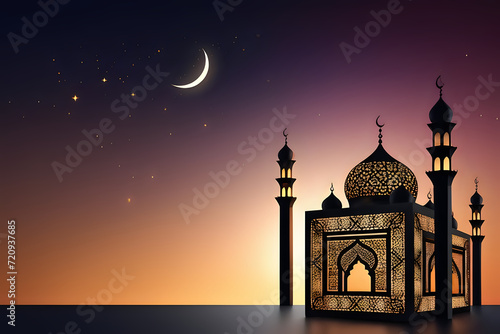 silhoutte of a mosque at night with stars and moon on the background. ramadan background, ulta detailed. ramadan kareem, happy eid mubarak, eid mubarak greeting card