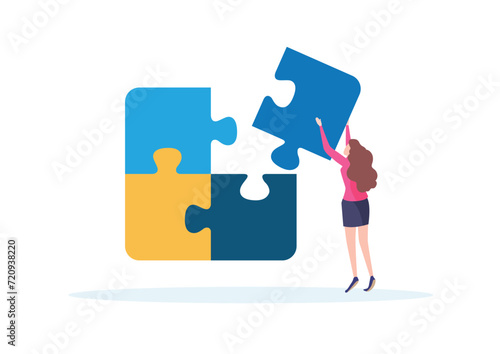 Woman Assembling Giant Puzzle Pieces, Teamwork connect to successful together concept. The Big jigsaw puzzle	