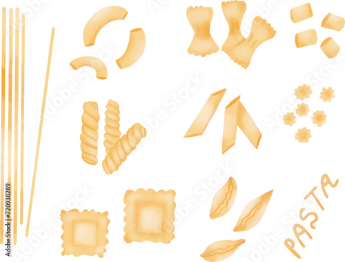 Vector hand drawn watercolor style illustration set of pasta