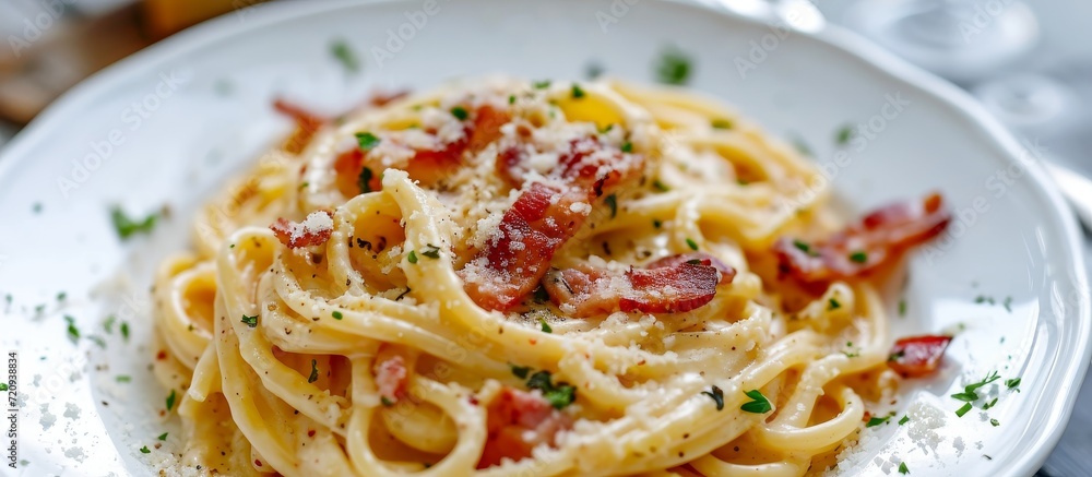 Fototapeta premium Delicious Carbonara Pasta with Crispy Bacon and Creamy White Sauce - A Mouthwatering Dish