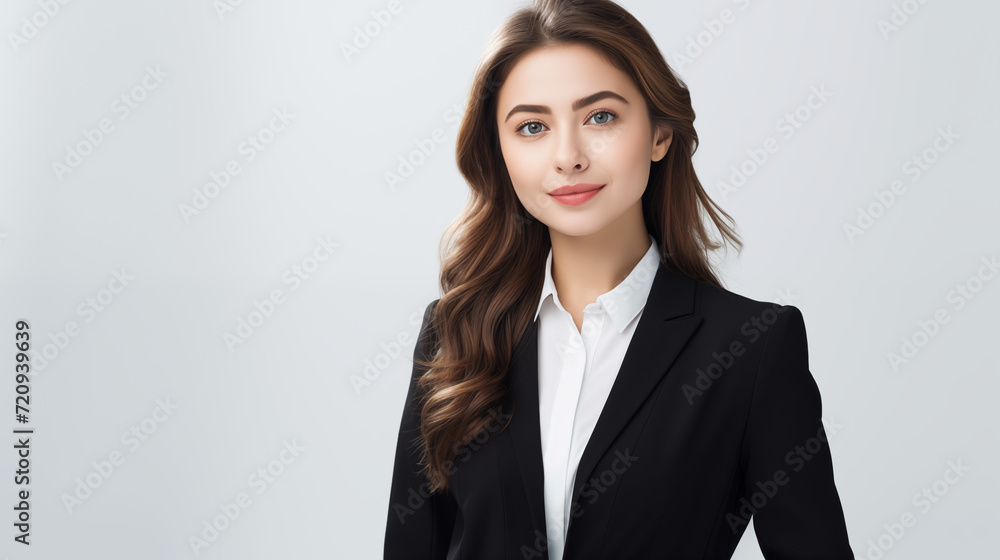 A professional scene featuring a perfect business lady a beautiful young businesswoman looking directly at the camera with a confident smile, standing against a white background A professional scene featuring a perfect business lady a beautiful young businesswoman looking directly at the camera with a confident smile, standing against a white background