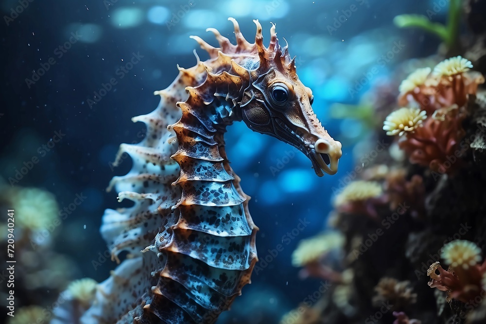 Seahorse in a blue shade; the background is a coral reef in a shade of sea blue, with flashes of futuristic colored light in the distance.