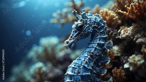 Seahorse in a blue shade; the background is a coral reef in a shade of sea blue, with flashes of futuristic colored light in the distance.