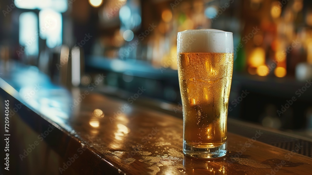 Glass of cold lager beer on bar counter Glass of cold lager beer on bar counter