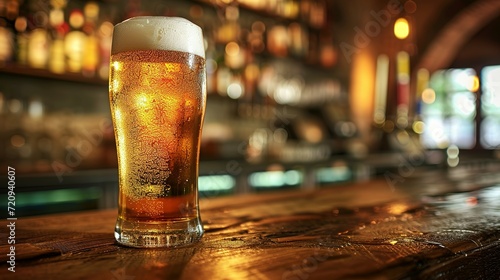 Glass of cold lager beer on bar counter photo