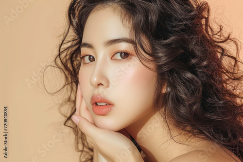 Young Asian beauty woman curly long hair with korean makeup style touch her face and perfect skin on isolated beige background.