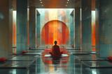 Moine bouddhiste zen méditant dans un décors industriel au béton peint en gris, bleu et orange