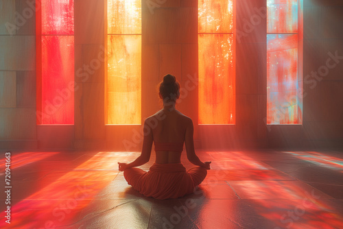 Femme assise en position du lotus médite dans un décors orangé, le corps baigné de la lumière spirituelle photo