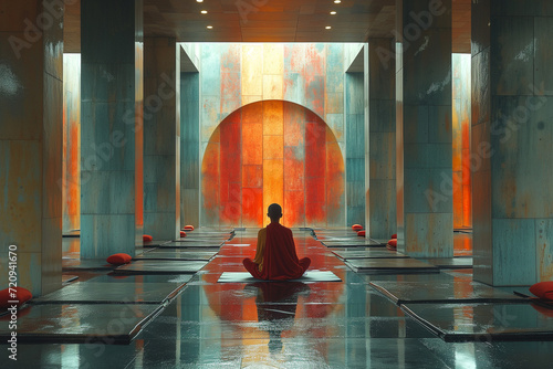 Moine bouddhiste zen méditant dans un décors industriel au béton peint en gris, bleu et orange photo