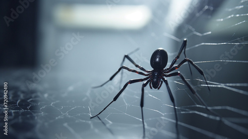 A southern black widow spider weaves an intricate web in the corner of a dimly lit basement, its shiny black body contrasting against the pale walls, beauty light, knitted style