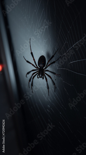 A southern black widow spider weaves an intricate web in the corner of a dimly lit basement, its shiny black body contrasting against the pale walls, beauty light, knitted style © Ali