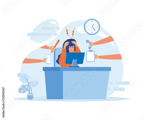 Business Woman Surrounded by Hands with Office Things. Multitasking and Time Management. flat vector modern illustration 