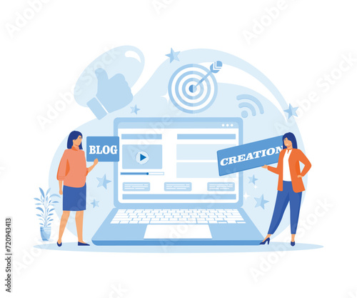  Woman Creating Web Page, Pasting Banner on Site, Planning Page Display. flat vector modern illustration 